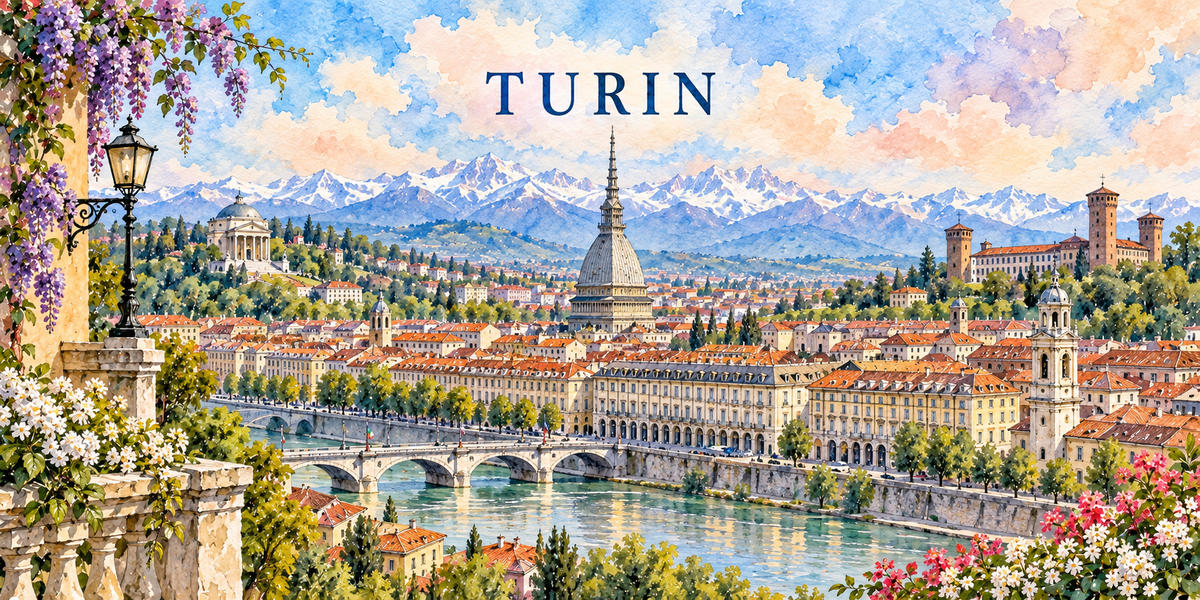 Aquarelle de Turin : Mole Antonelliana, pont sur le Pô, quais à arcades et Alpes