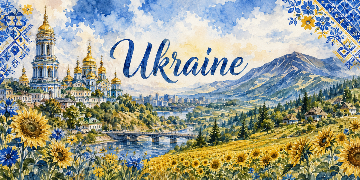 Visuel Ukraine aquarelle : laure des Grottes de Kiev, pont sur le Dniepr, tournesols et vychyvanka