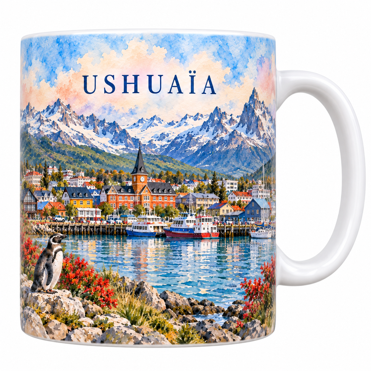 Mug blanc Ushuaia aquarelle 330 ml : la baie et ses bateaux, les maisons colorees, le manchot sur son rocher et la chaine du Martial enneigee.
