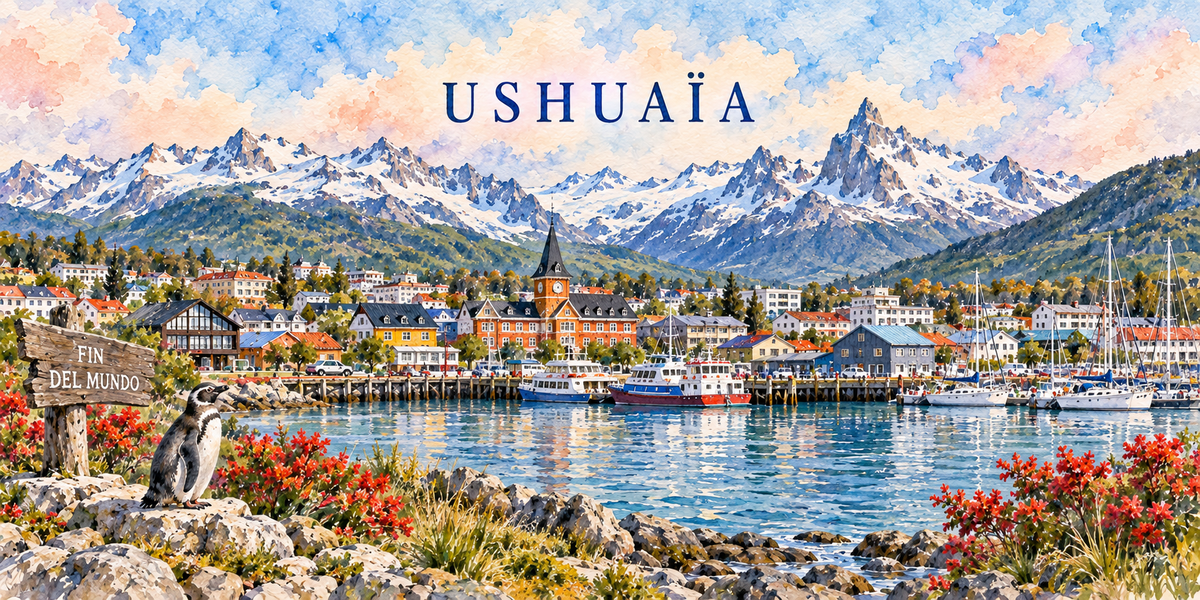 Illustration aquarelle d'Ushuaia : le panneau de bois du bout du monde, le manchot sur son rocher, la baie et ses voiliers, les maisons colorees et les sommets enneiges du Martial.