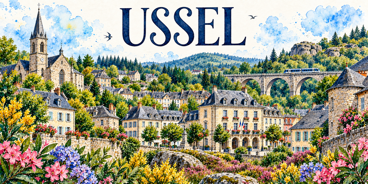 Illustration aquarelle d'Ussel : maisons de granit étagées dans la pente, clocher carré, bâtiment à drapeau, viaduc de pierre et son train, collines boisées du plateau de Millevaches, genêt jaune et fleurs roses