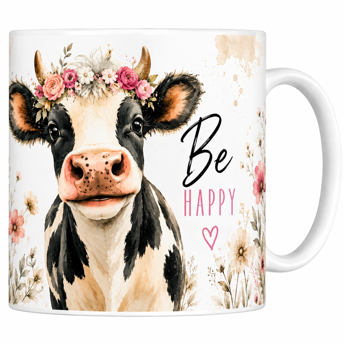 Mug céramique 330 ml vache Be Happy : vache noir et blanc coiffée d'une couronne de fleurs roses