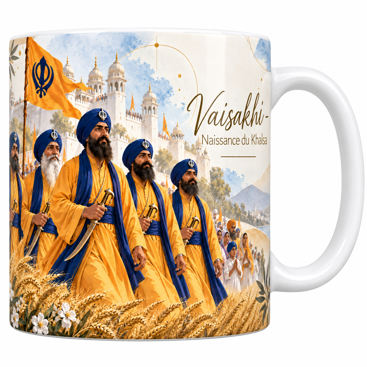 Mug céramique blanche 330 ml illustré de Vaisakhi à l'aquarelle, les cinq bien-aimés en robe safran et turban bleu, kirpan à la main, marchant devant le drapeau safran et le gurdwara blanc, les épis de blé mûr au premier plan et le titre Vaisakhi - Naissance du Khalsa en lettres dorées
