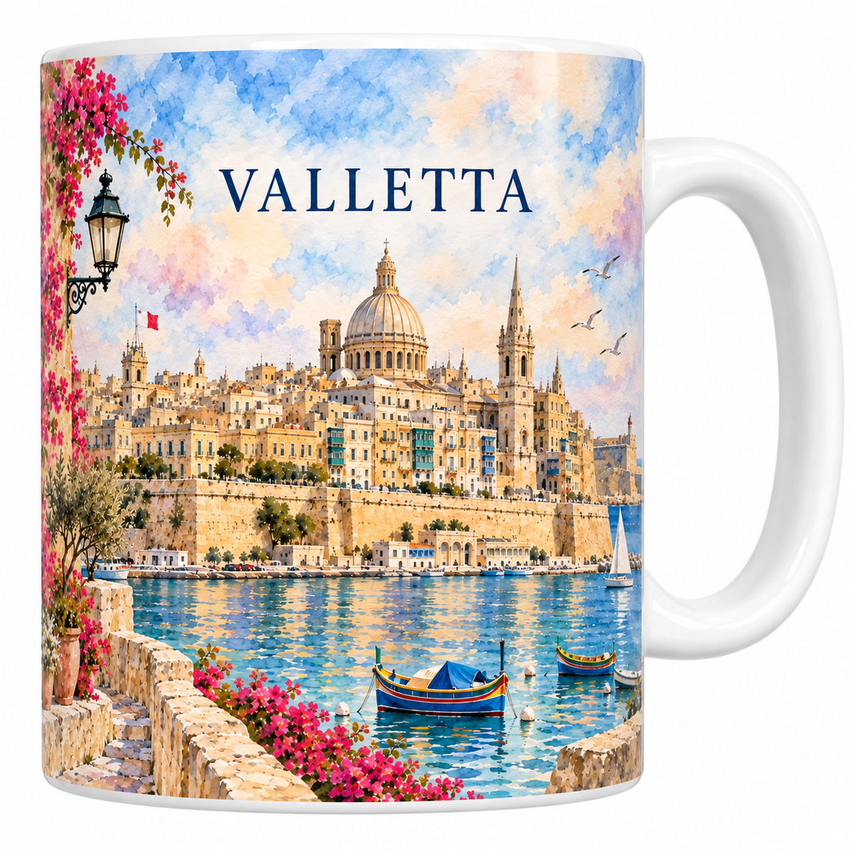 Mug blanc Valletta aquarelle 330 ml : les bastions de calcaire du Grand Port, la coupole de la basilique du Carmel, les luzzu peints et les bougainvillees.
