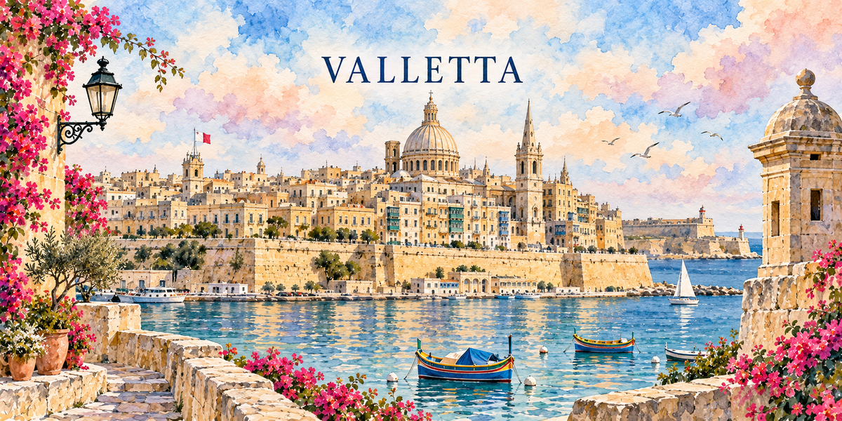 Illustration aquarelle de Valletta : la guerite de pierre du bastion, les remparts qui plongent dans le Grand Port, la coupole du Carmel, la fleche anglicane et les luzzu.