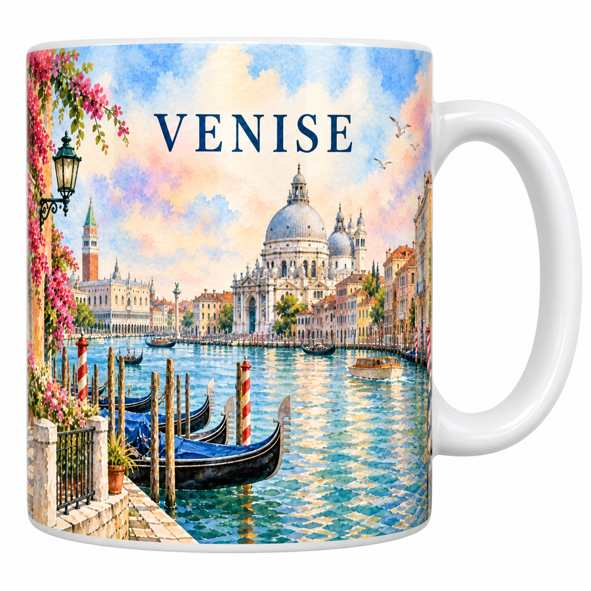 Mug blanc Venise aquarelle : les gondoles amarrées, les pieux rayés, le Grand Canal et la coupole de la Salute.