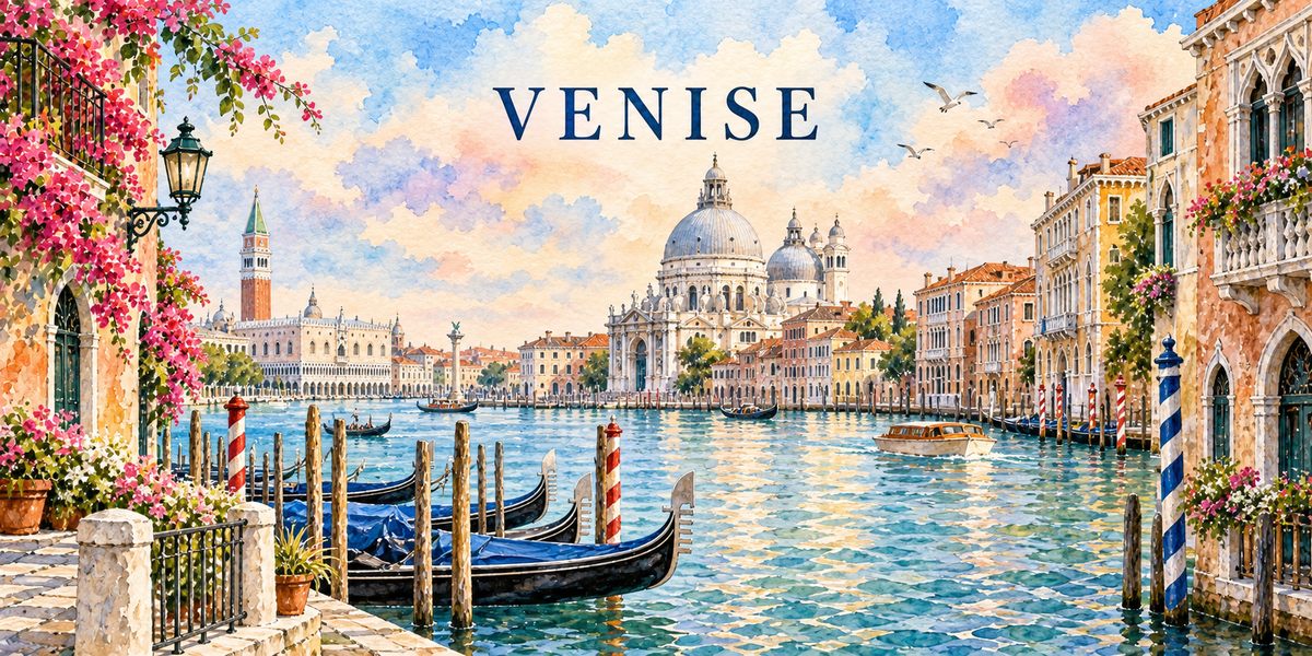 Illustration aquarelle de Venise : le réverbère et les bougainvillées, les gondoles amarrées et bâchées de bleu, les pieux d'amarrage rayés, le Grand Canal, la coupole de la Salute et les palais.