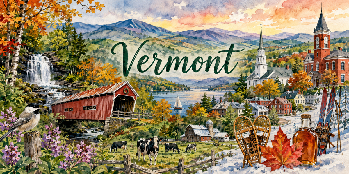 Aquarelle Vermont : pont couvert rouge, église blanche, vaches Holstein, raquettes et érables