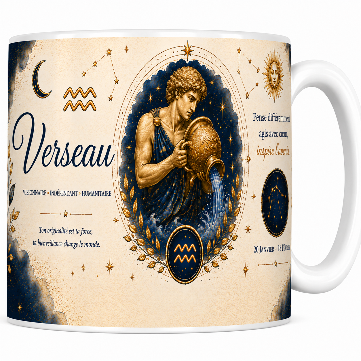 Mug astrologie Verseau en céramique, porteur d'eau doré et constellation sur fond nuit