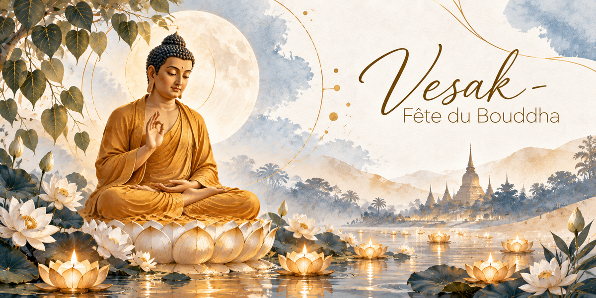 Visuel aquarellé de Vesak, le Bouddha assis en méditation sur un grand lotus blanc, drapé de safran, la main droite levée en signe d'enseignement, une pleine lune immense se levant derrière lui, les branches du figuier sacré au-dessus, des lanternes flottantes et des fleurs de lotus posées sur l'eau, les toits dorés de pagodes au loin, des feuillages en bordure et le titre Vesak - Fête du Bouddha en lettres dorées