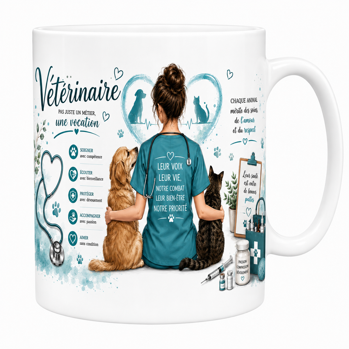 Mug vétérinaire 330 ml, vétérinaire de dos enlaçant un chien et un chat, tenue bleu canard