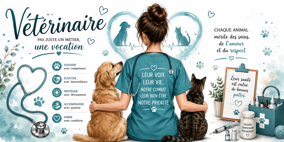 Visuel vétérinaire : Leur voix leur vie notre combat, empreintes, trousse et Leur santé entre de bonnes pattes