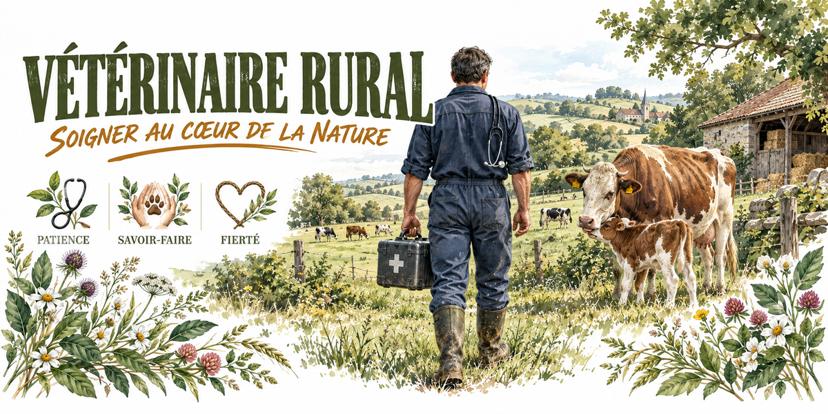 Aquarelle vétérinaire rural : les mots VÉTÉRINAIRE RURAL en capitales vert foncé et la mention manuscrite Soigner au Cœur de la Nature, un vétérinaire en tenue de travail bleue, stéthoscope au cou, vu de dos, mallette noire à croix blanche à la main, vache et son veau au pré, ferme de pierre et troupeau au loin, collines et arbres, trois vignettes — stéthoscope patience, empreinte savoir-faire, cœur fierté — et une bordure de chardons et de trèfles