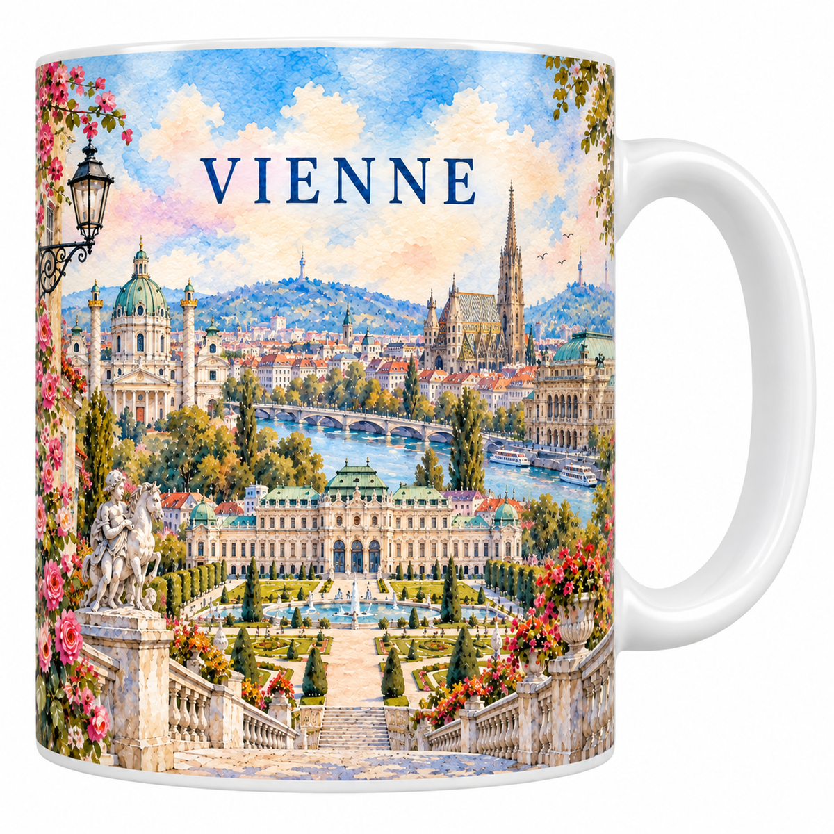 Mug blanc Vienne aquarelle : la balustrade à statues, les jardins du Belvédère et la flèche de Saint-Étienne.