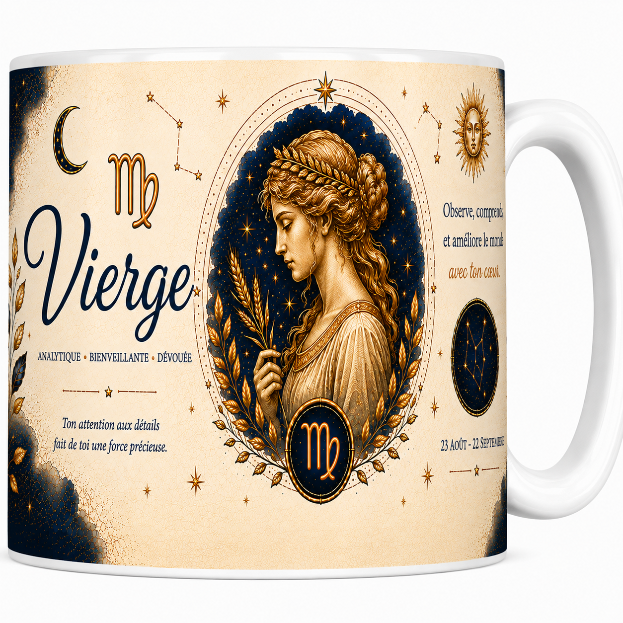Mug astrologie Vierge en céramique, glyphe doré, épis de blé et constellation sur fond nuit