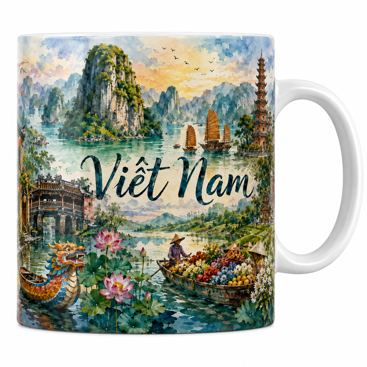 Mug céramique 330 ml Vietnam aquarelle : baie d'Along, Hoi An et rizières