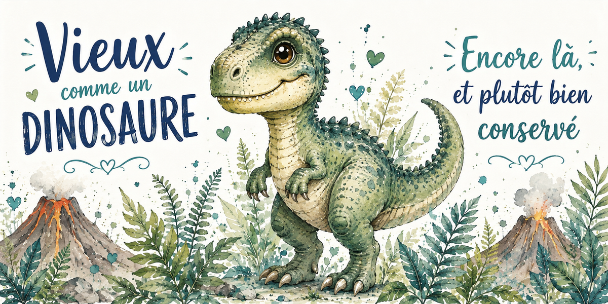 Visuel « Vieux comme un dinosaure, encore là, et plutôt bien conservé » : aquarelle d'un dinosaure et de volcans