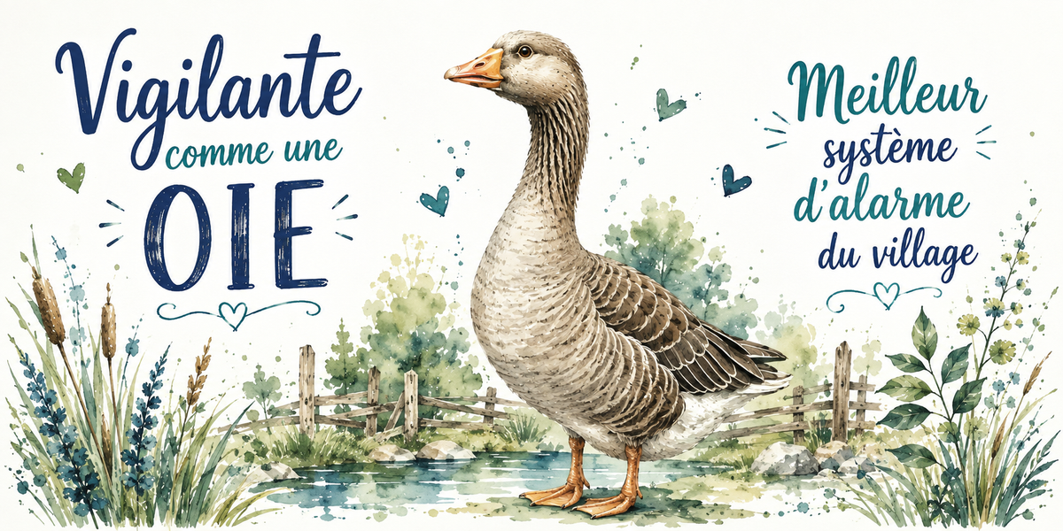Oie grise au cou tendu à l'aquarelle : « Vigilante comme une oie. Meilleur système d'alarme du village »