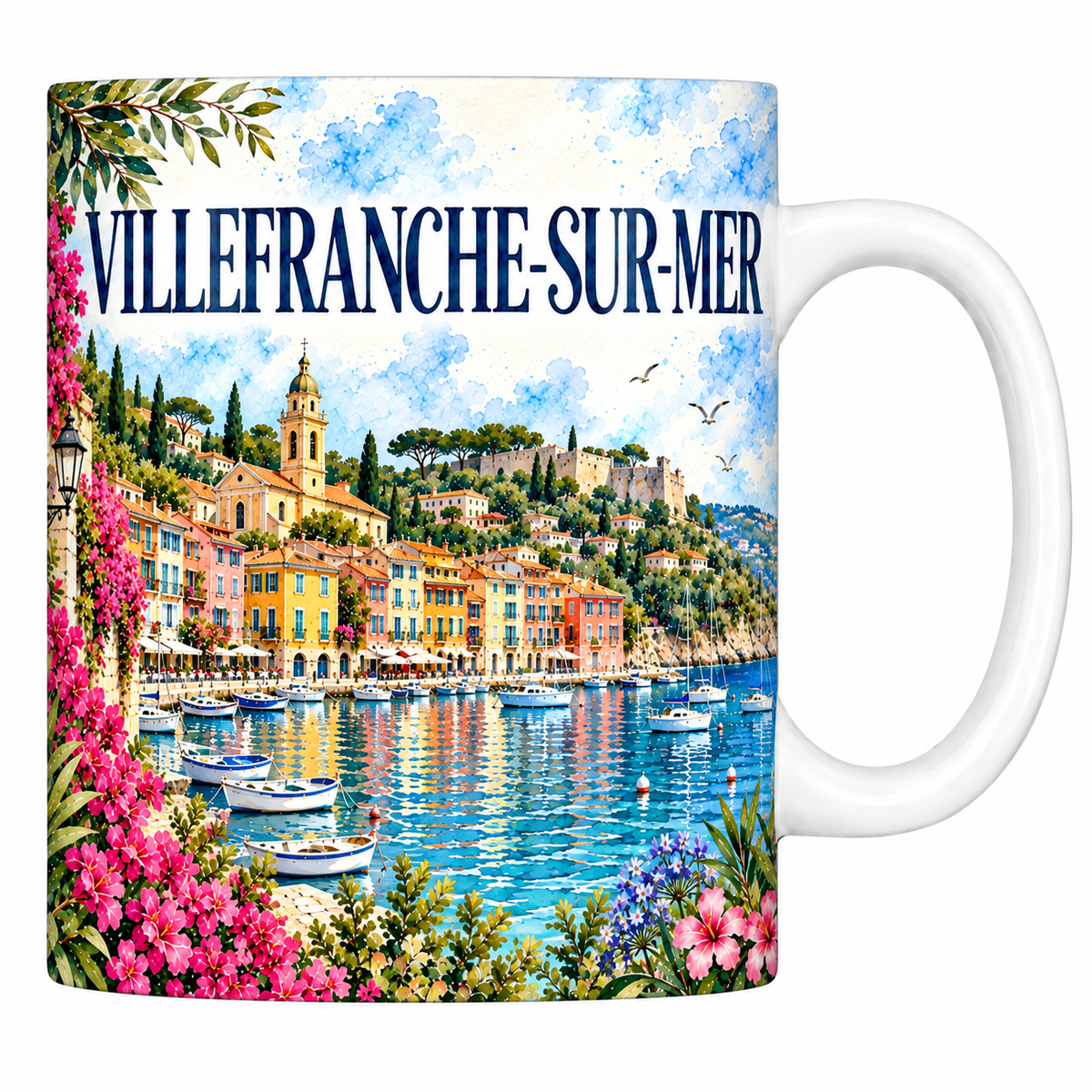 Mug en céramique blanche 330 ml illustré à l'aquarelle de Villefranche-sur-Mer, de sa rade et de sa citadelle