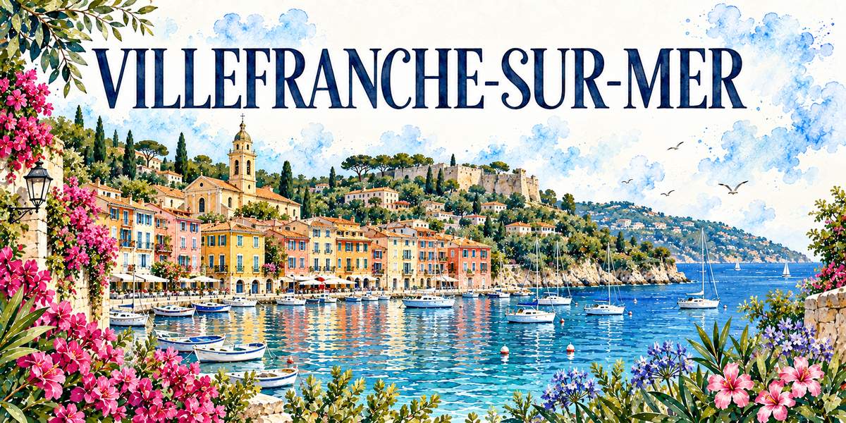 Aquarelle de Villefranche-sur-Mer : façades ocre en gradins, clocher, citadelle, voiliers dans la rade et cap Ferrat
