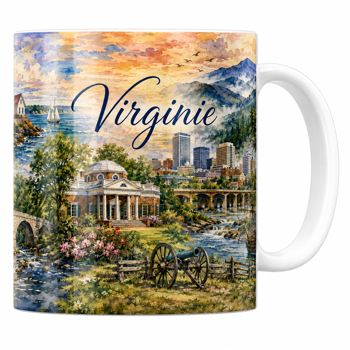 Mug blanc céramique 330 ml imprimé Virginie, Monticello et Blue Ridge