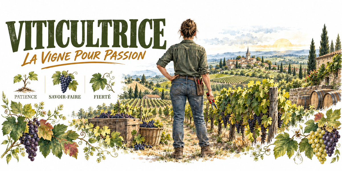 Aquarelle viticultrice : le mot VITICULTRICE en capitales vert foncé et la mention manuscrite La Vigne pour Passion, une viticultrice en chemise verte, jean et ceinture porte-sécateur, chignon, vue de dos, coteaux de vigne en raisin blanc et noir, caisses de vendange en bois et panier d'osier, village à clocher et cyprès au loin, trois vignettes — cep patience, grappe noire savoir-faire, feuille de vigne fierté — et une bordure de grappes et de feuilles d'automne