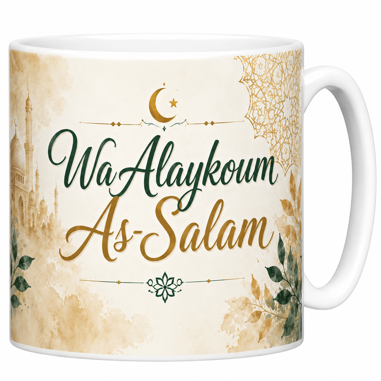 Mug Wa Alaykoum As-Salam 330 ml, calligraphie sur deux lignes verte et or