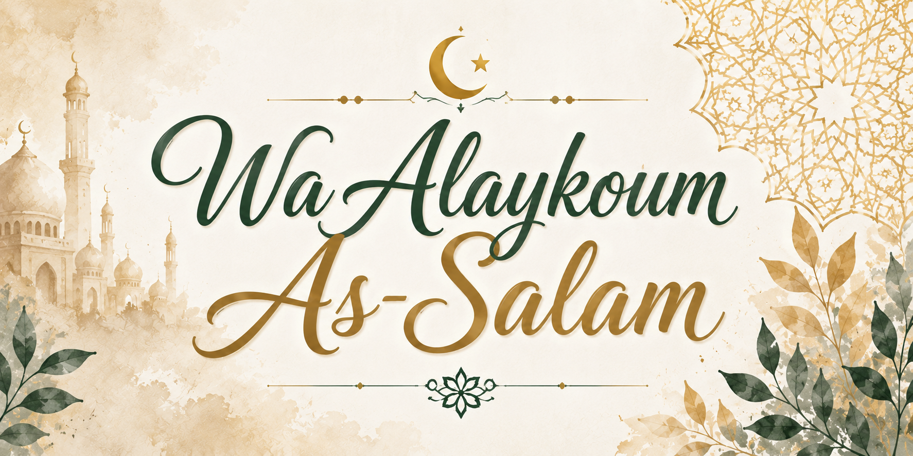 Visuel Wa Alaykoum As-Salam : deux lignes calligraphiées vert et or, croissant, frise fine et feuillages