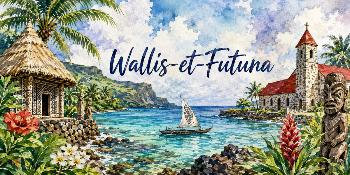 Visuel Wallis-et-Futuna aquarelle : église de pierre à toit rouge, fale, tiki sculpté et pirogue à voile