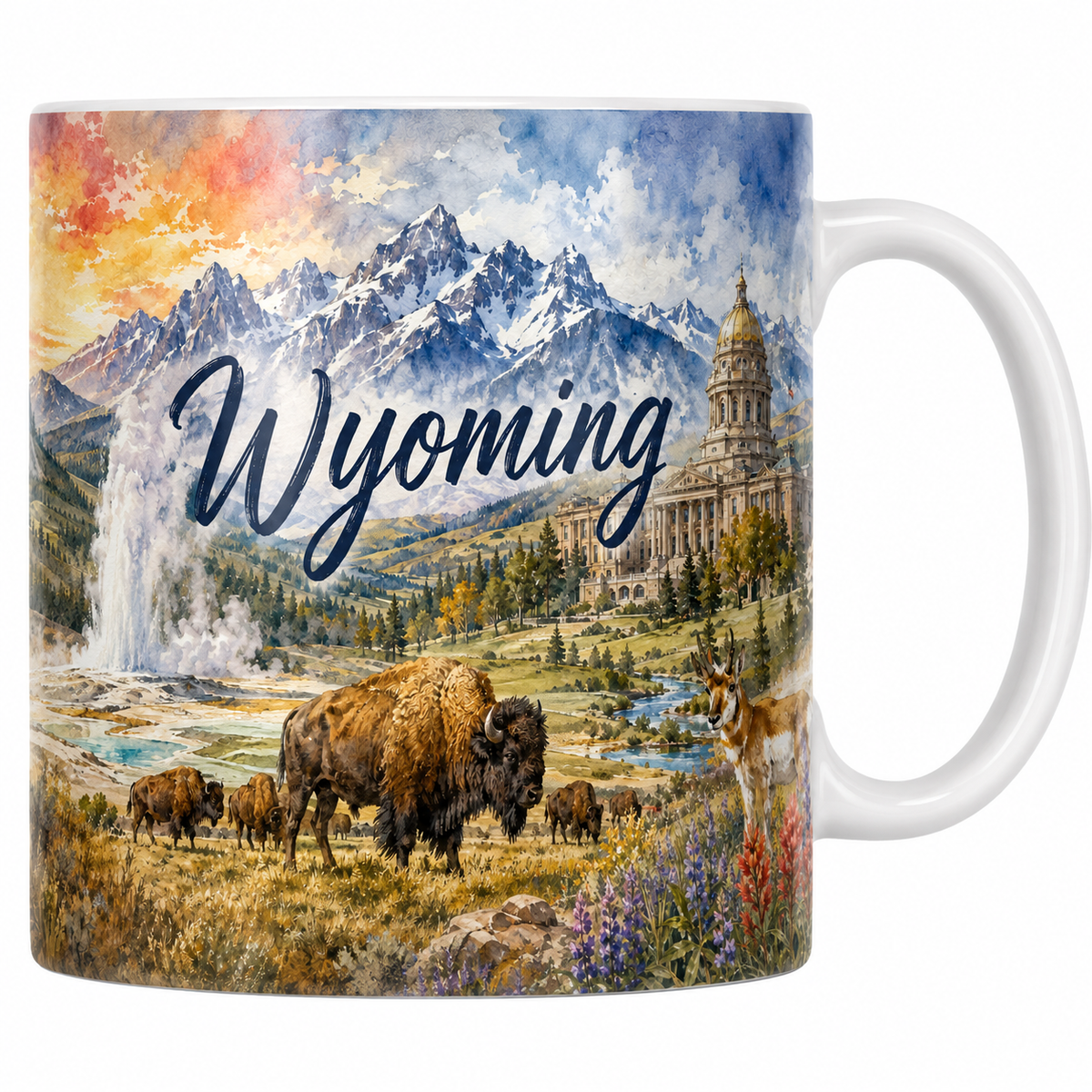 Mug blanc céramique 330 ml imprimé Wyoming, Devils Tower et Grand Teton