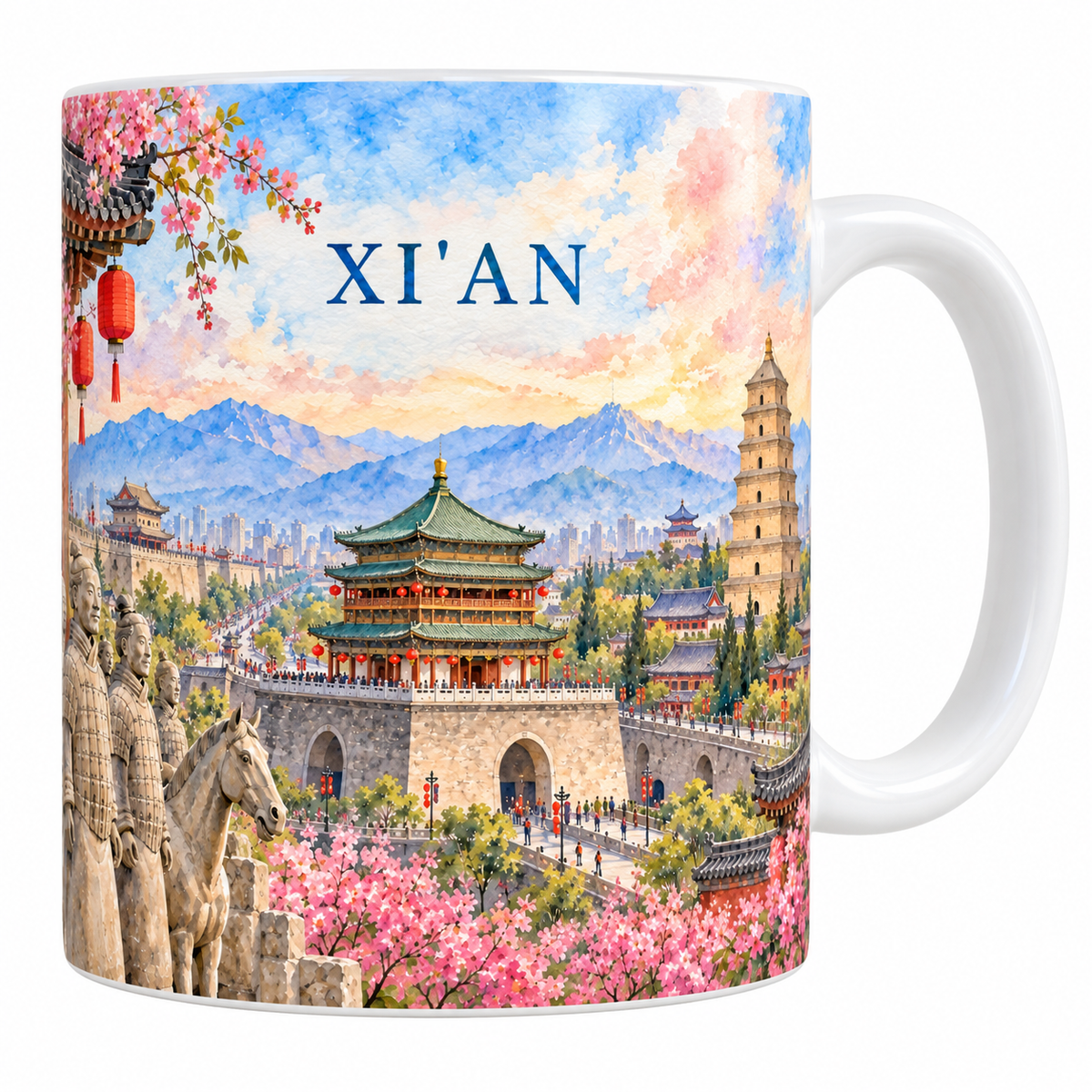 Mug blanc Xi'an aquarelle 330 ml : les guerriers de terre cuite, la tour a triple toit vert et or, la porte du rempart Ming et la Grande Pagode.