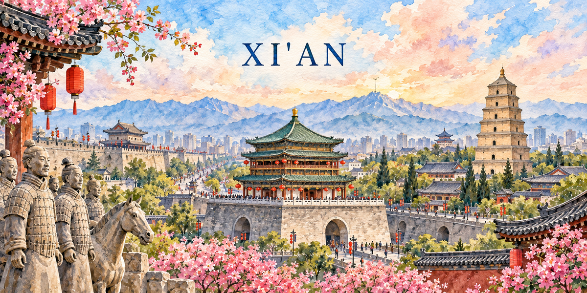 Illustration aquarelle de Xi'an : les guerriers de terre cuite et leur cheval, la tour a triple toit, la porte du rempart Ming, la Grande Pagode de l'oie sauvage et les cerisiers en fleur.