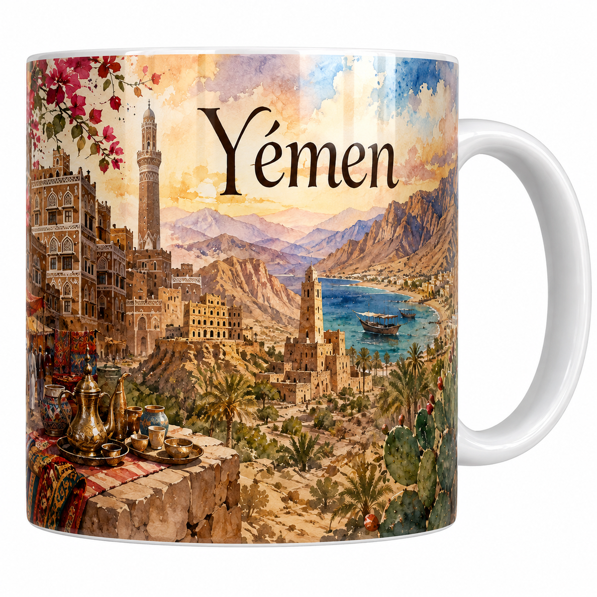 Mug céramique 330 ml Yémen aquarelle : maisons-tours de Sanaa et souk aux cuivres