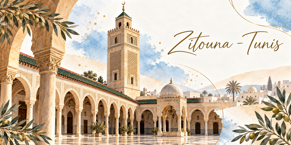 Visuel aquarellé de la mosquée Zitouna à Tunis vue depuis une galerie, ses arcades outrepassées portées par des colonnes claires, le dallage lumineux de la cour, le minaret carré à décor géométrique coiffé de son lanternon vert à gauche, une coupole blanche et les toits de tuiles vertes, les maisons blanches de la médina et un palmier au fond, des feuillages d'olivier en bordure et le titre Zitouna - Tunis en lettres dorées