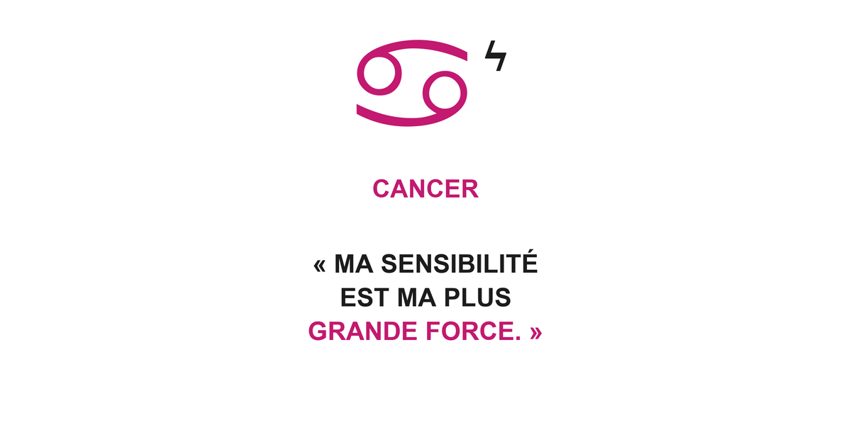 Visuel à plat du mug Cancer Zodiaque Audace : symbole ♋, éclair, nom CANCER et phrase en capitales bold