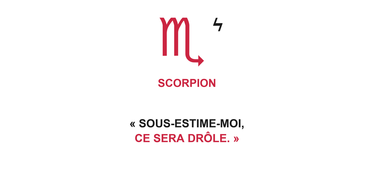 Visuel à plat du mug Scorpion Zodiaque Audace : symbole ♏, éclair, nom SCORPION et phrase en capitales bold