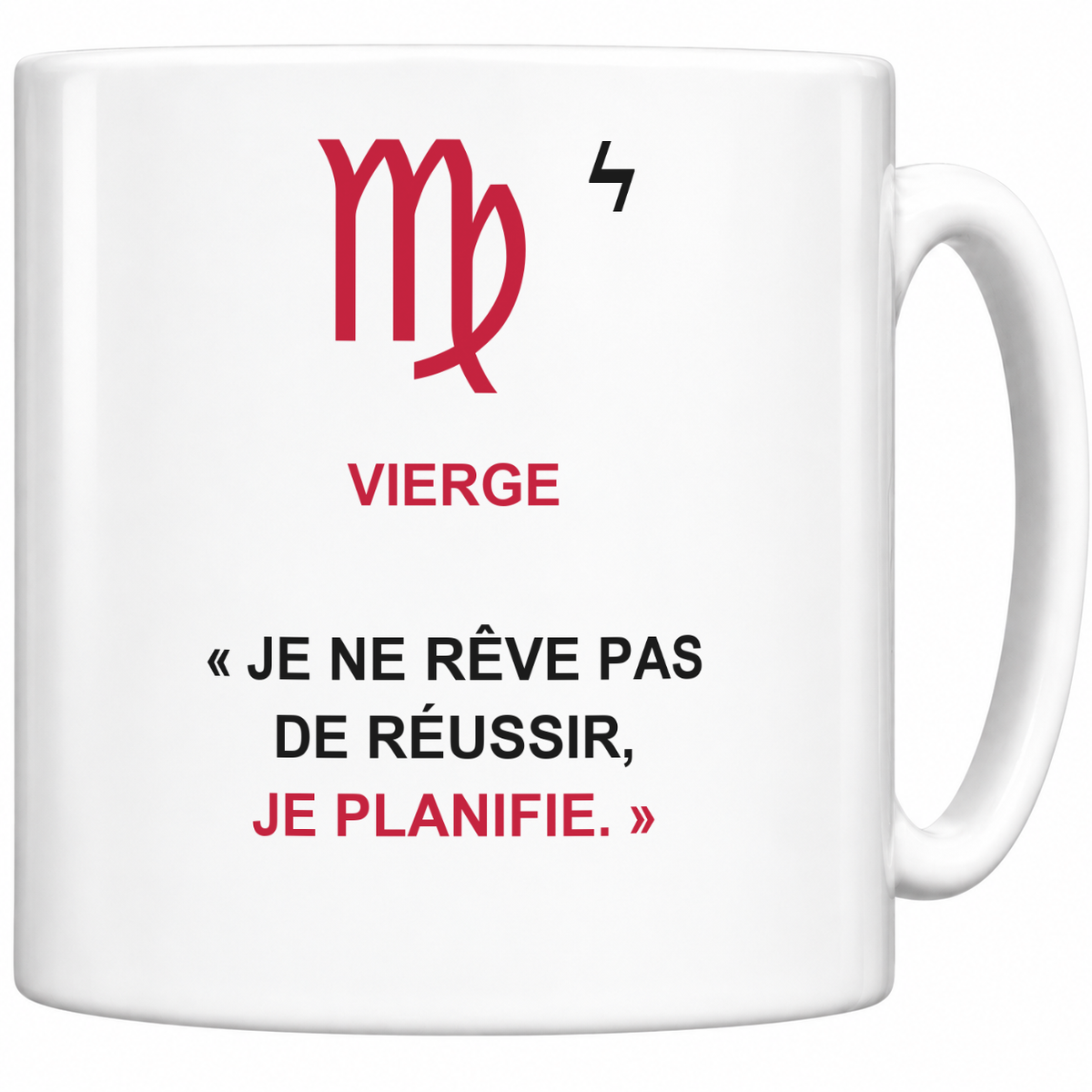 Mug blanc céramique 330 ml signe Vierge ♍ : symbole, nom VIERGE et phrase « Je ne rêve pas de réussir, je planifie. » en capitales