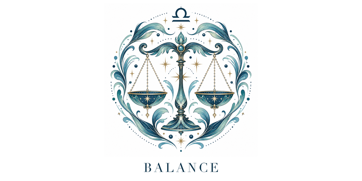 Visuel à plat du mug Balance Zodiaque Céleste : une balance ornementale aux plateaux parfaitement équilibrés, symbole ♎ et nom BALANCE