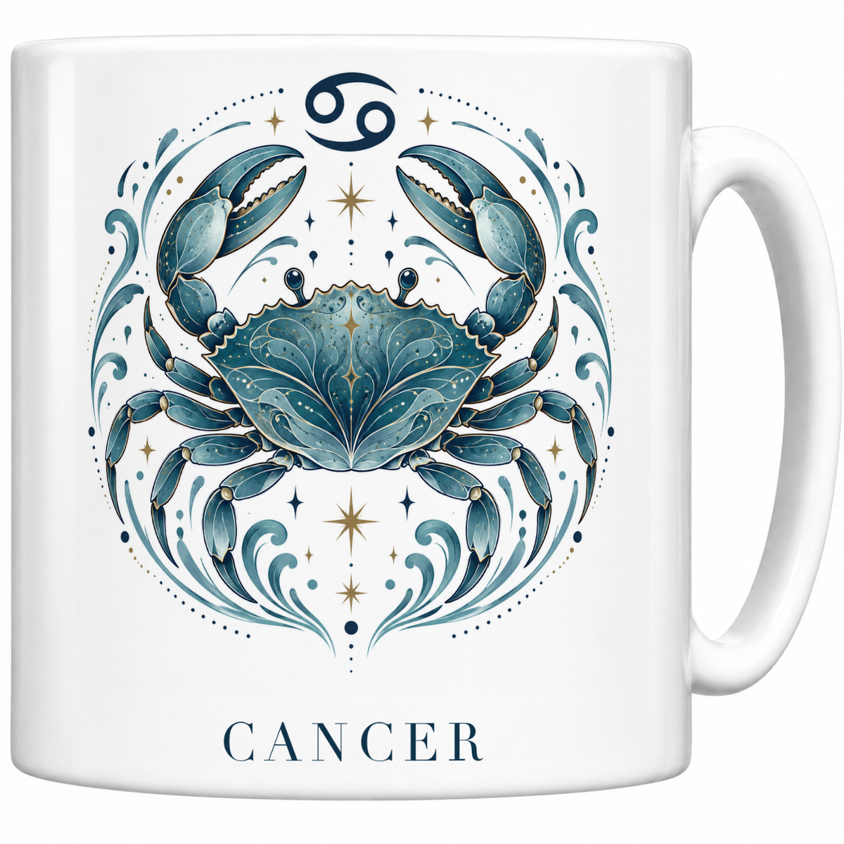 Mug blanc céramique 330 ml signe Cancer ♋ : illustration céleste bleu et or, nom CANCER en capitales