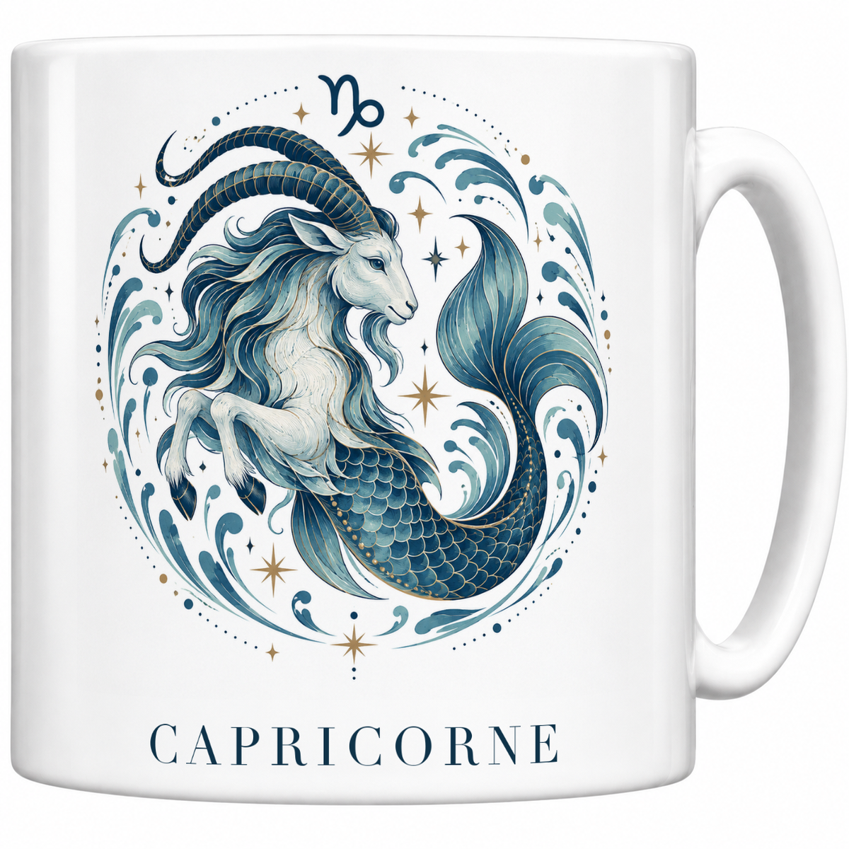 Mug blanc céramique 330 ml signe Capricorne ♑ : illustration céleste bleu et or, nom CAPRICORNE en capitales