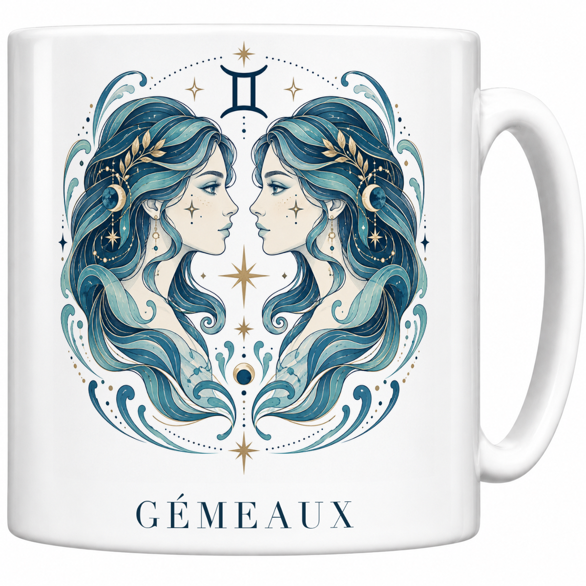 Mug blanc céramique 330 ml signe Gémeaux ♊ : illustration céleste bleu et or, nom GÉMEAUX en capitales