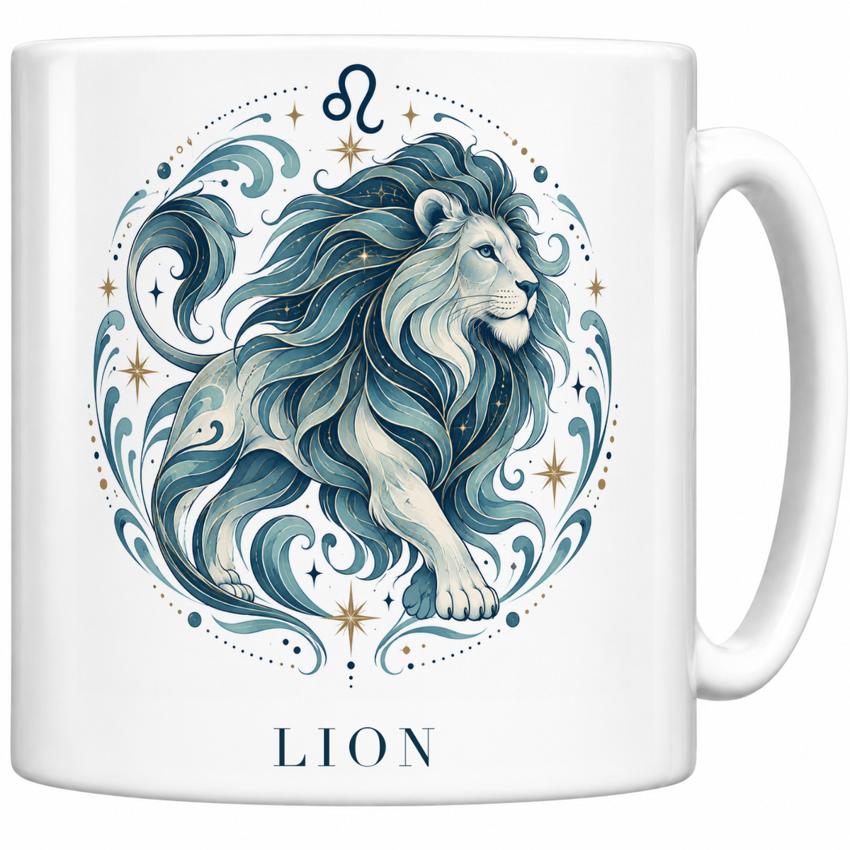 Mug blanc céramique 330 ml signe Lion ♌ : illustration céleste bleu et or, nom LION en capitales
