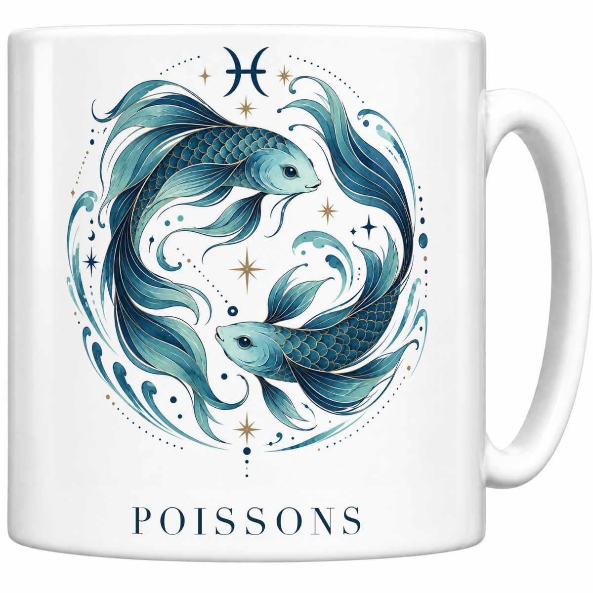 Mug blanc céramique 330 ml signe Poissons ♓ : illustration céleste bleu et or, nom POISSONS en capitales