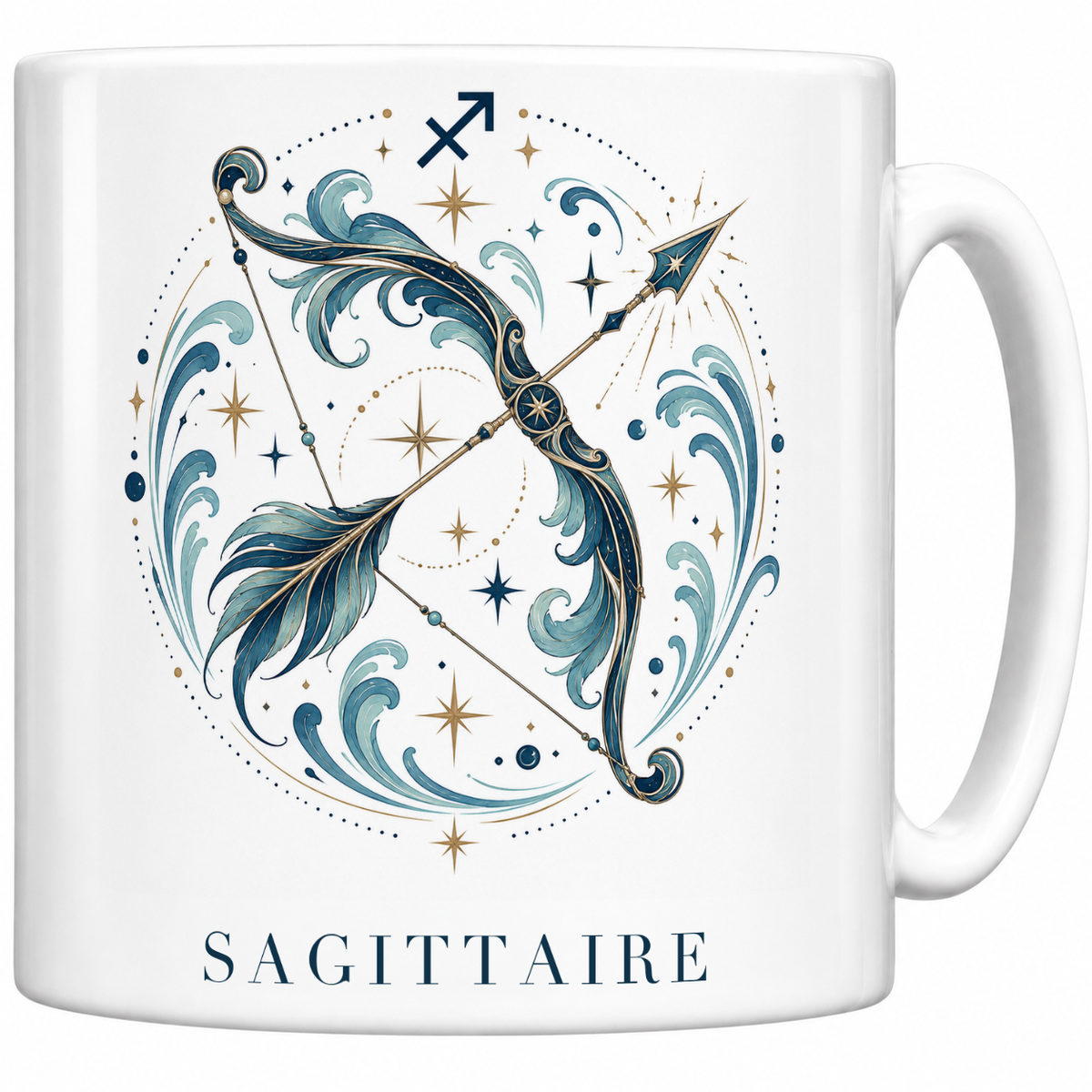 Mug blanc céramique 330 ml signe Sagittaire ♐ : illustration céleste bleu et or, nom SAGITTAIRE en capitales