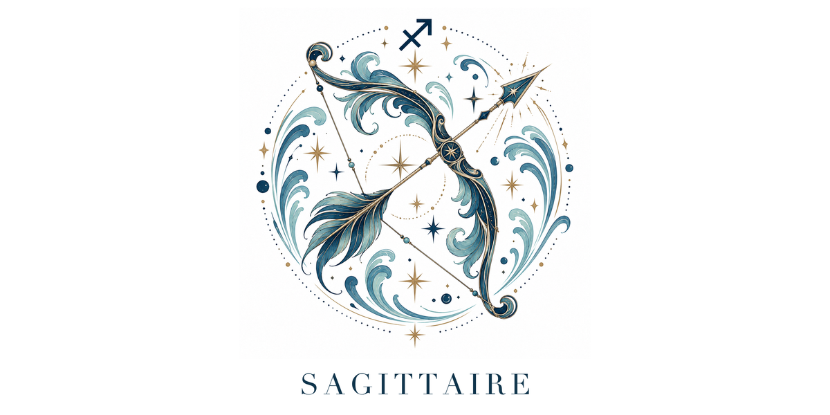 Visuel à plat du mug Sagittaire Zodiaque Céleste : un arc tendu et sa flèche pointée vers les étoiles, symbole ♐ et nom SAGITTAIRE