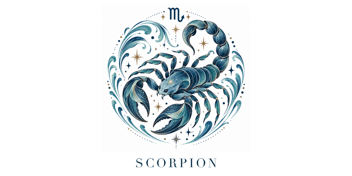 Visuel à plat du mug Scorpion Zodiaque Céleste : un scorpion à la queue arquée, détaillé comme une gravure, symbole ♏ et nom SCORPION