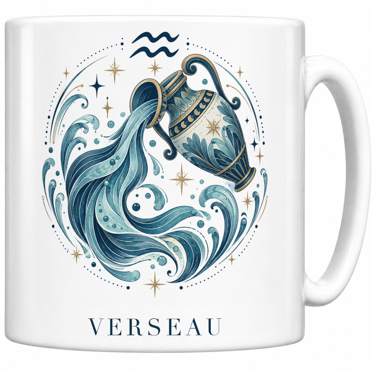 Mug blanc céramique 330 ml signe Verseau ♒ : illustration céleste bleu et or, nom VERSEAU en capitales