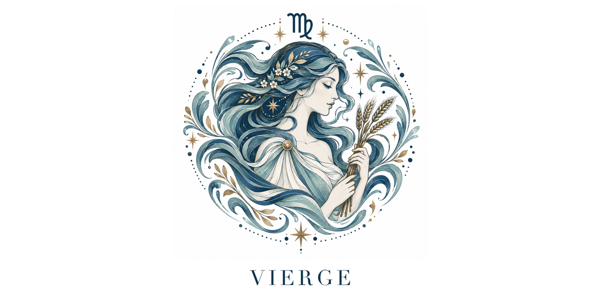 Visuel à plat du mug Vierge Zodiaque Céleste : une jeune femme aux cheveux fleuris tenant des épis de blé, symbole ♍ et nom VIERGE