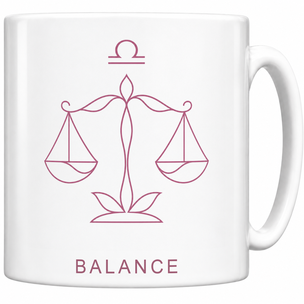 Mug blanc céramique 330 ml signe Balance ♎ : dessin minimaliste au trait fin vieux rose, nom BALANCE en capitales