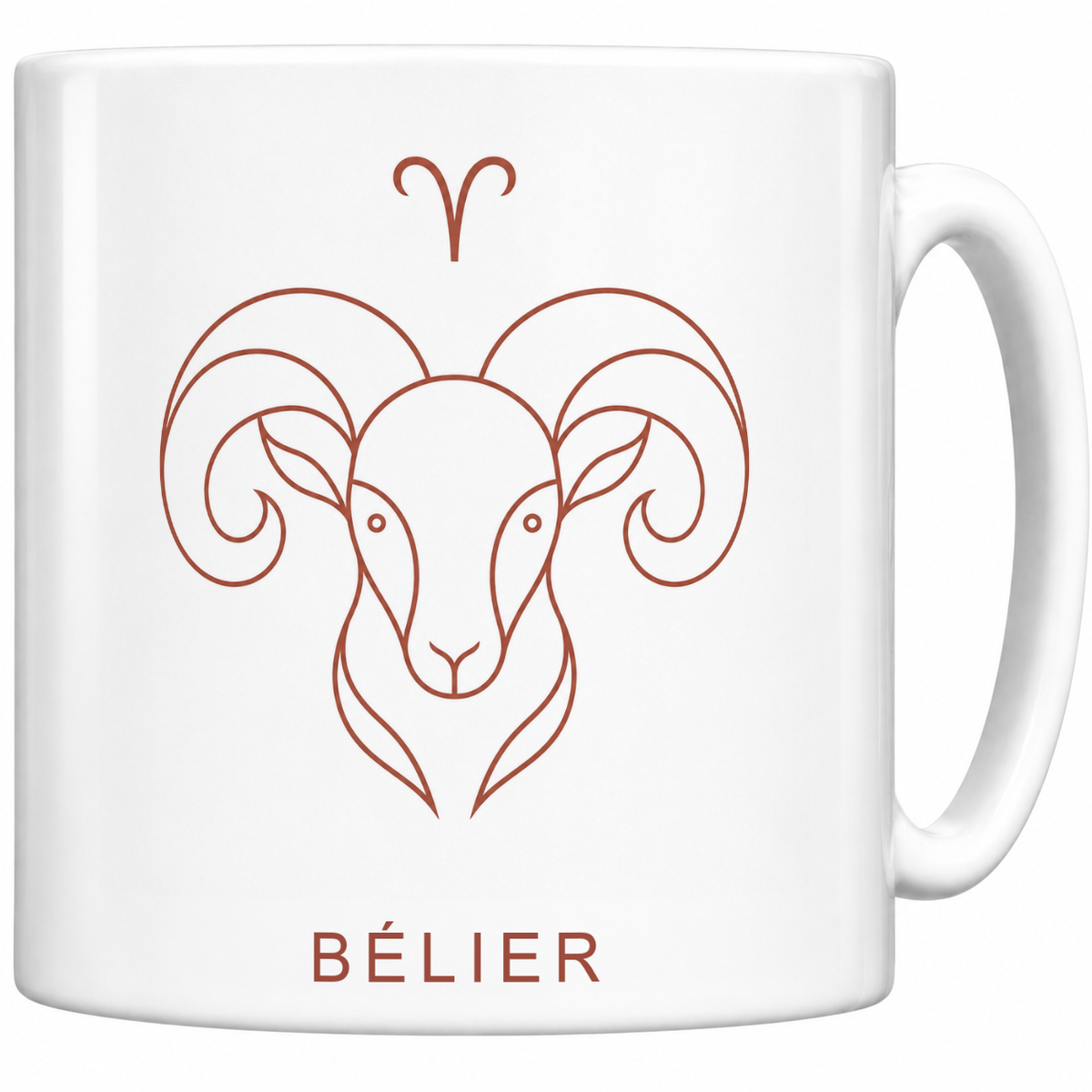 Mug blanc céramique 330 ml signe Bélier ♈ : dessin minimaliste au trait fin rouge brique, nom BÉLIER en capitales